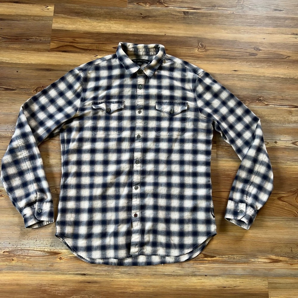 John Varvatos Star USA Mens M Blue Cream‎ Buffalo Plaid Shirt W656V2B
